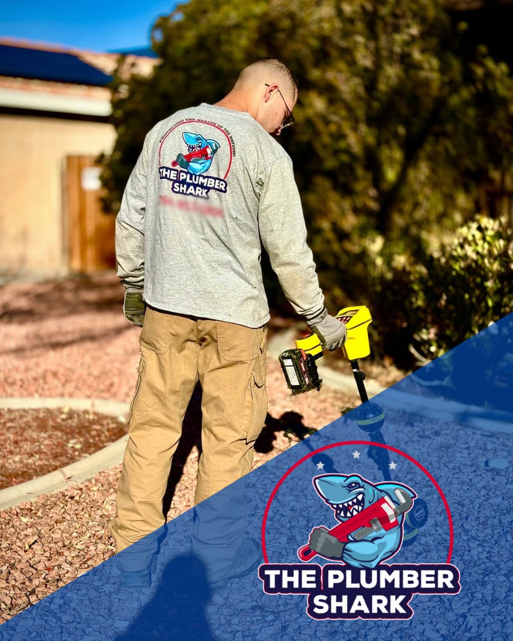 Plumber Shark technician using a tool in a residential yard with branded apparel.