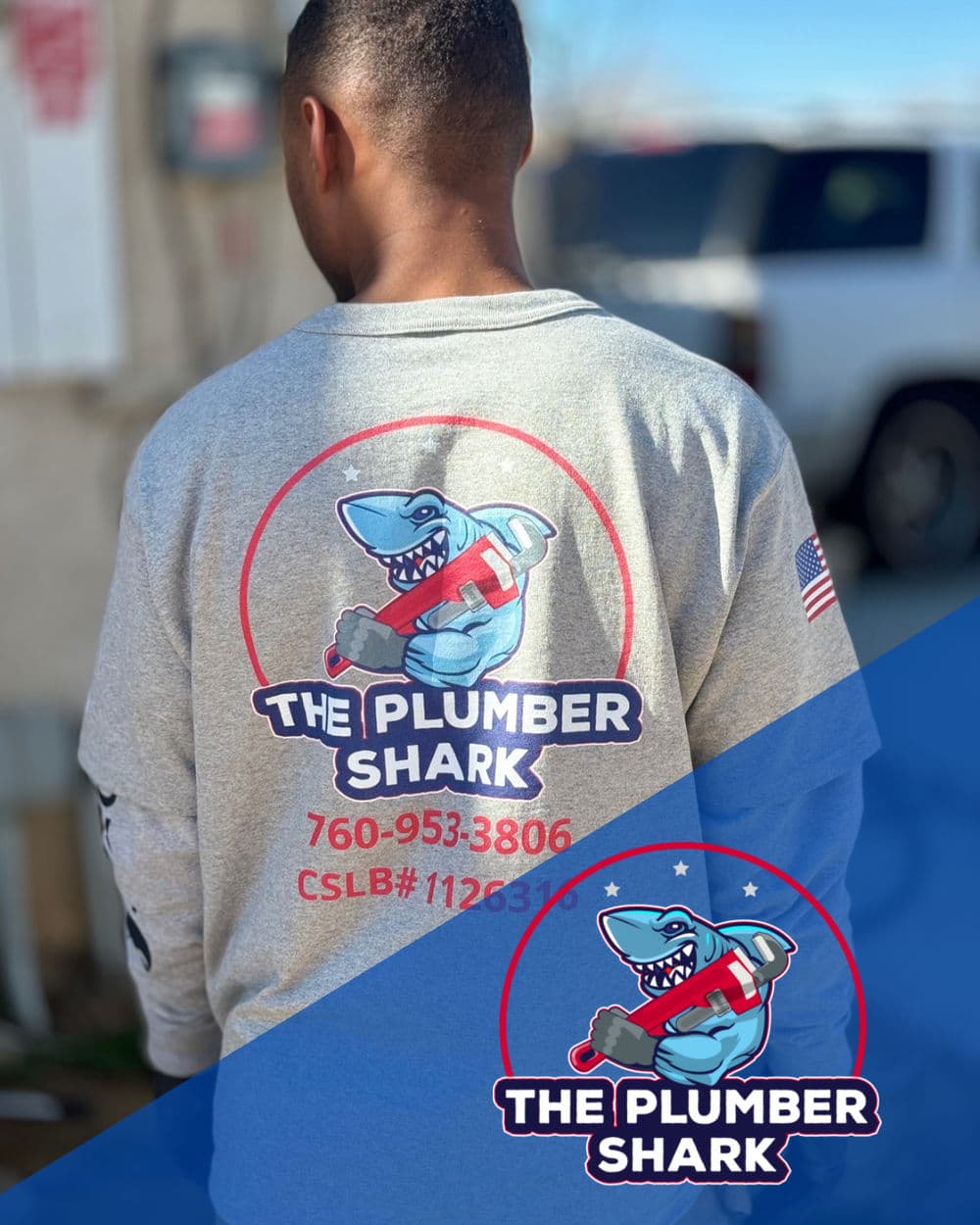 Person wearing a gray long-sleeve shirt featuring The Plumber Shark logo and contact information.