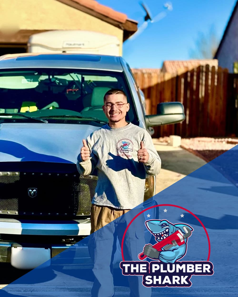 Smiling plumber in front of truck, showcasing plumbing services and branding for The Plumber Shark.